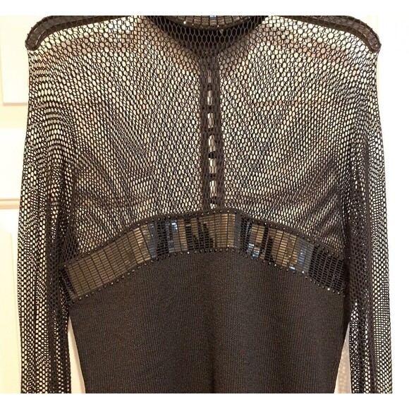 ST JOHN by Marie Gray: Black Dress Size 10 Long Sleeves Sequin Mesh Metallic - Picture 4 of 16
